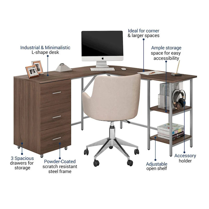 L-Shape Home Office Desk with Drawers and Open Shelves White Gold
