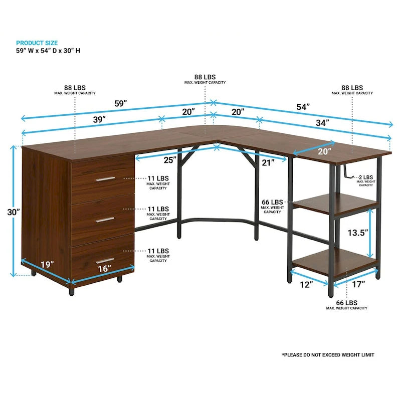 L-Shape Home Office Desk with Drawers and Open Shelves White Gold