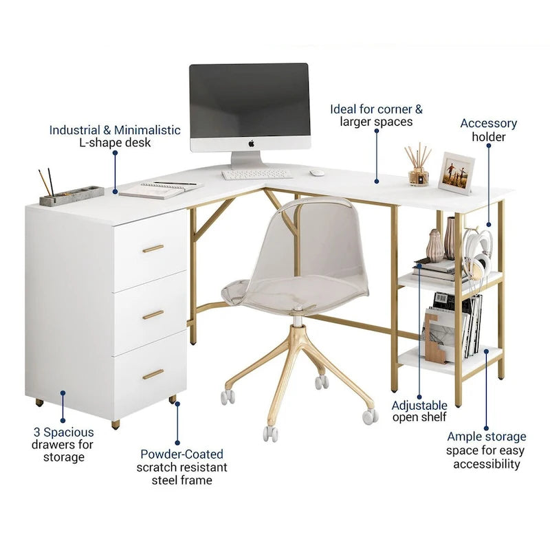 L-Shape Home Office Desk with Drawers and Open Shelves White Gold