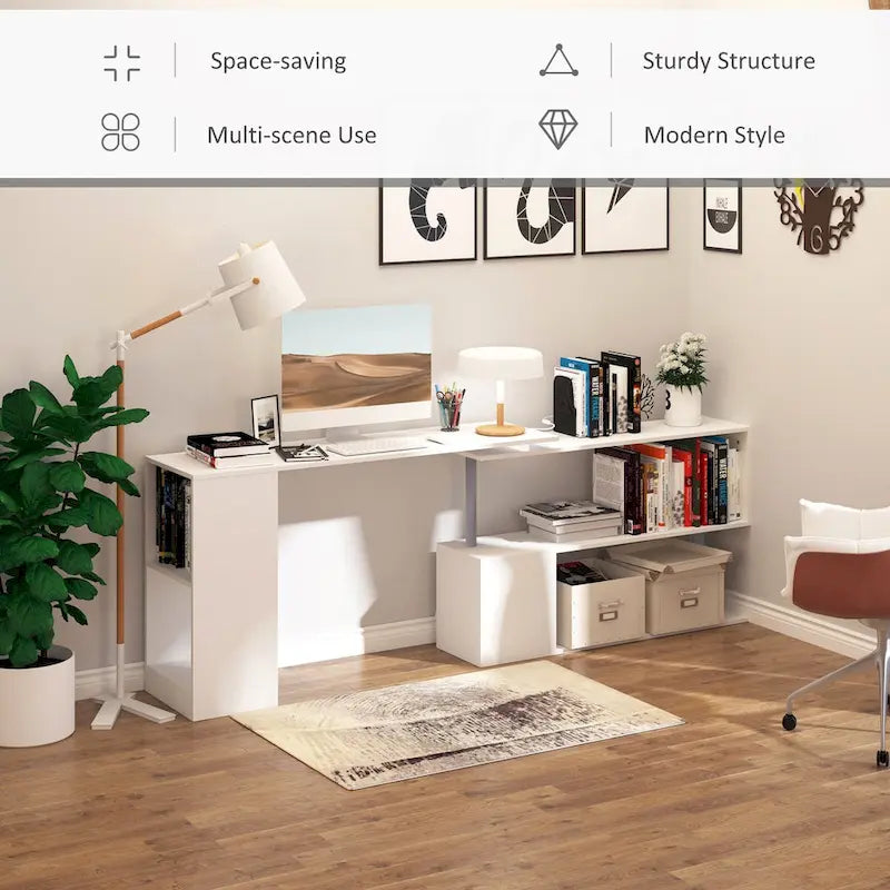 Modern L-Shaped Home Office Workstation with 3-Tier Storage Shelves