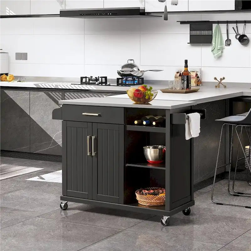 Dark Gray Rolling Kitchen Island Cart with Stainless Steel Countertop, Wine Rack and Open Shelves