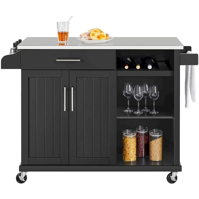 Dark Gray Rolling Kitchen Island Cart with Stainless Steel Countertop, Wine Rack and Open Shelves