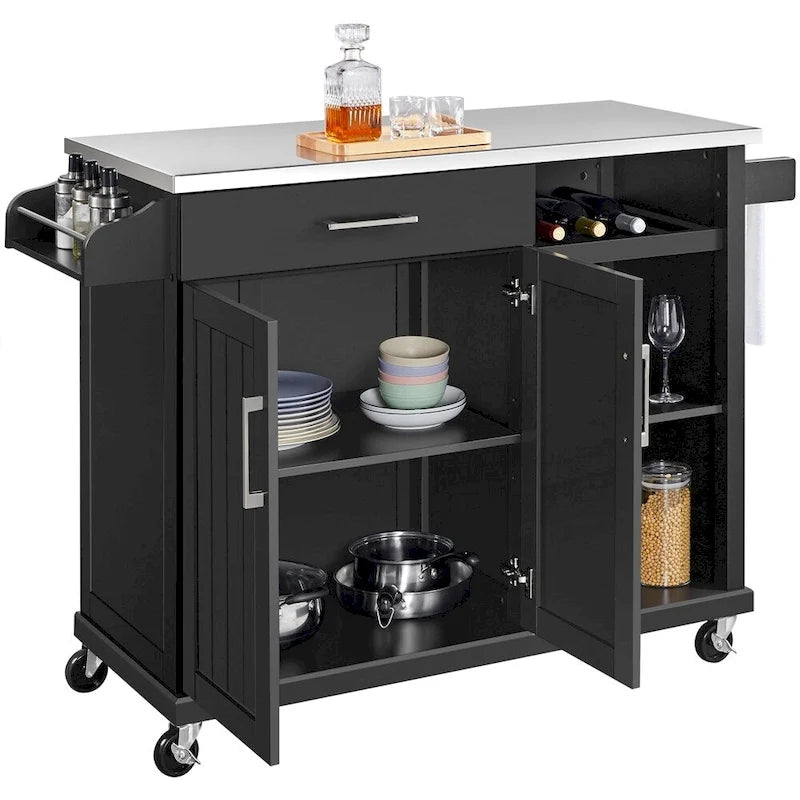 Dark Gray Rolling Kitchen Island Cart with Stainless Steel Countertop, Wine Rack and Open Shelves
