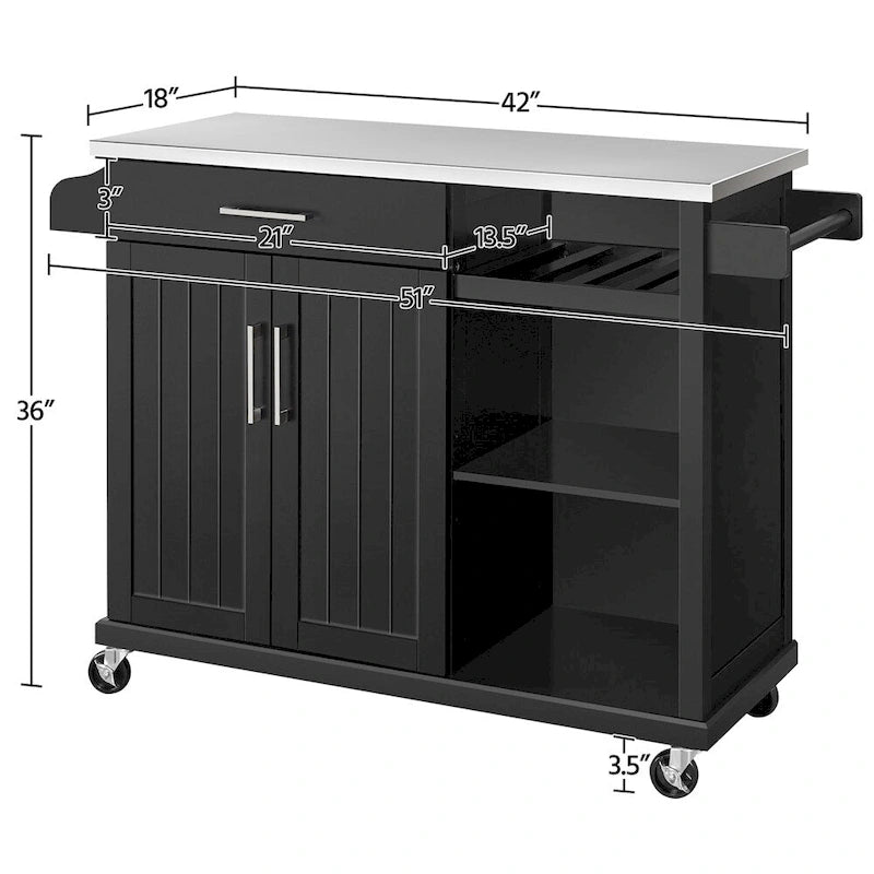 Dark Gray Rolling Kitchen Island Cart with Stainless Steel Countertop, Wine Rack and Open Shelves