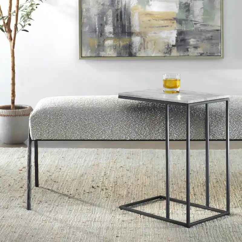 Black Metal and White Marble Round Accent Side Table