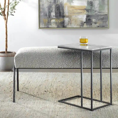 Black Metal and White Marble Round Accent Side Table