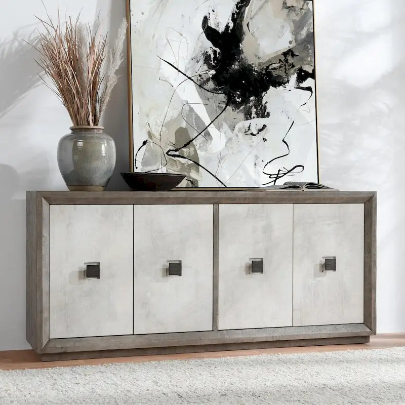 Distressed Grey Antique White Four-Door Concrete Laminate Reclaimed Pine Sideboard Buffet
