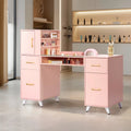 Professional Nail Tech Desk with Storage Cabinets Drawers Glass Shelf Pink