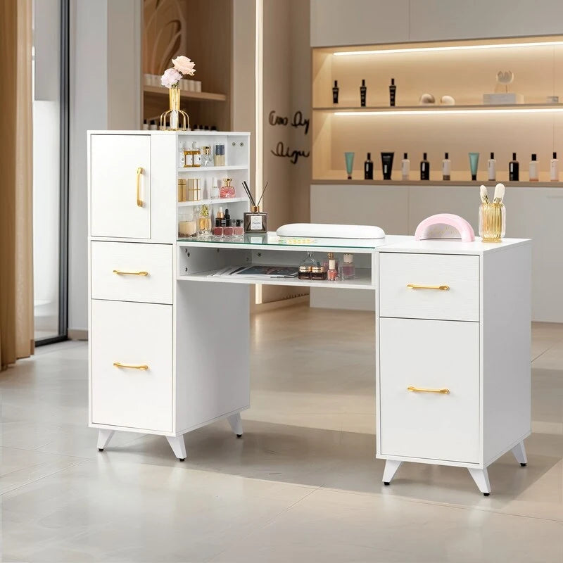 Professional Nail Tech Desk with Storage Cabinets Drawers Glass Shelf Pink