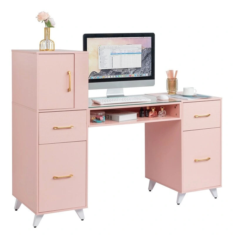 Professional Nail Tech Desk with Storage Cabinets Drawers Glass Shelf Pink