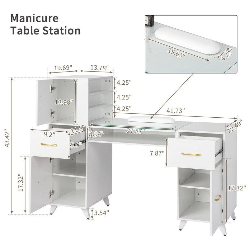 Professional Nail Tech Desk with Storage Cabinets Drawers Glass Shelf Pink