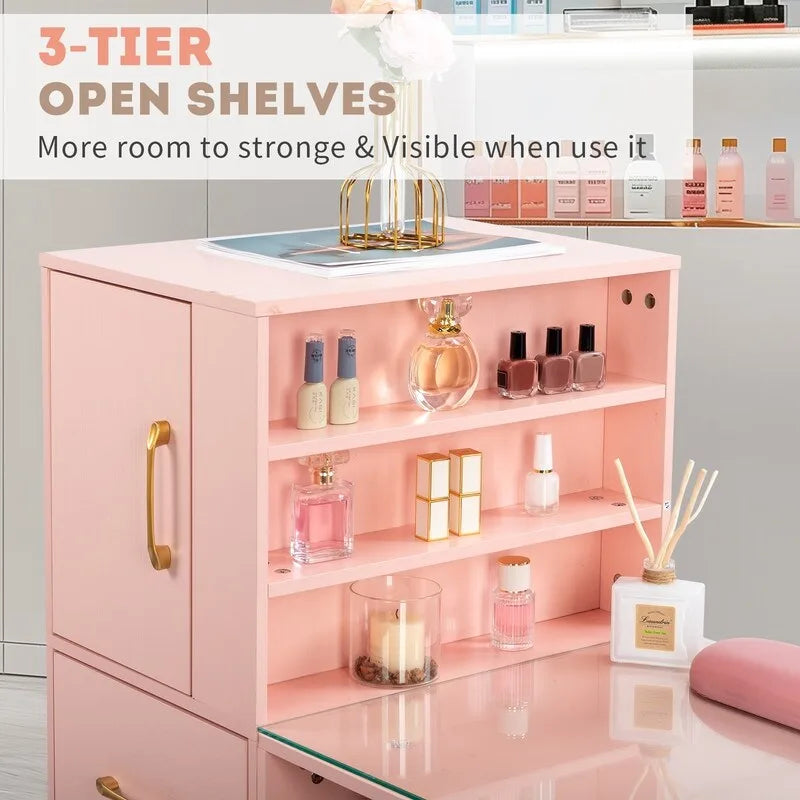 Professional Nail Tech Desk with Storage Cabinets Drawers Glass Shelf Pink