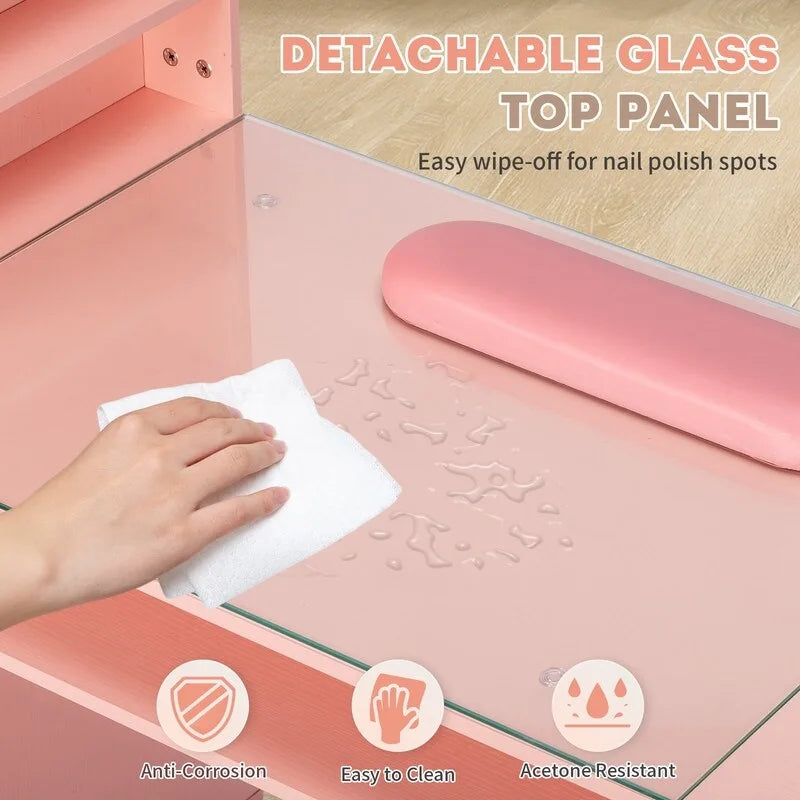 Professional Nail Tech Desk with Storage Cabinets Drawers Glass Shelf Pink