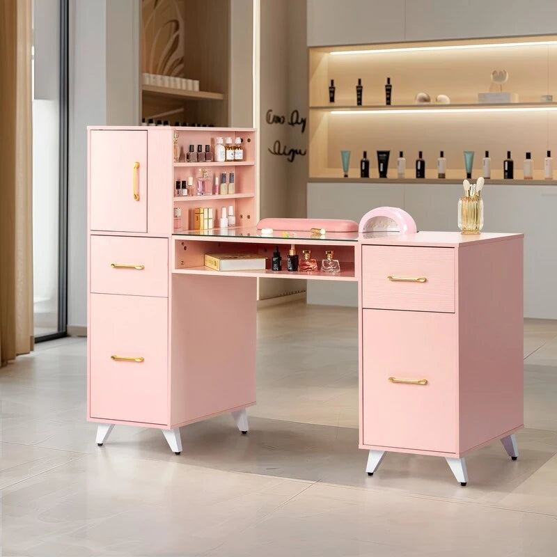 Professional Nail Tech Desk with Storage Cabinets Drawers Glass Shelf Pink