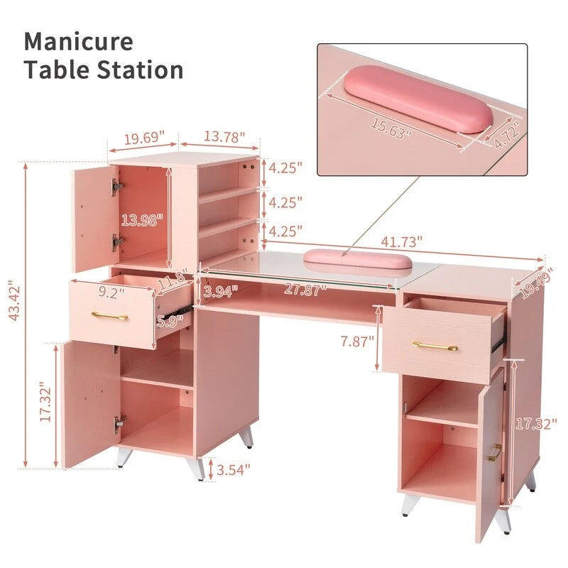 Professional Nail Tech Desk with Storage Cabinets Drawers Glass Shelf Pink