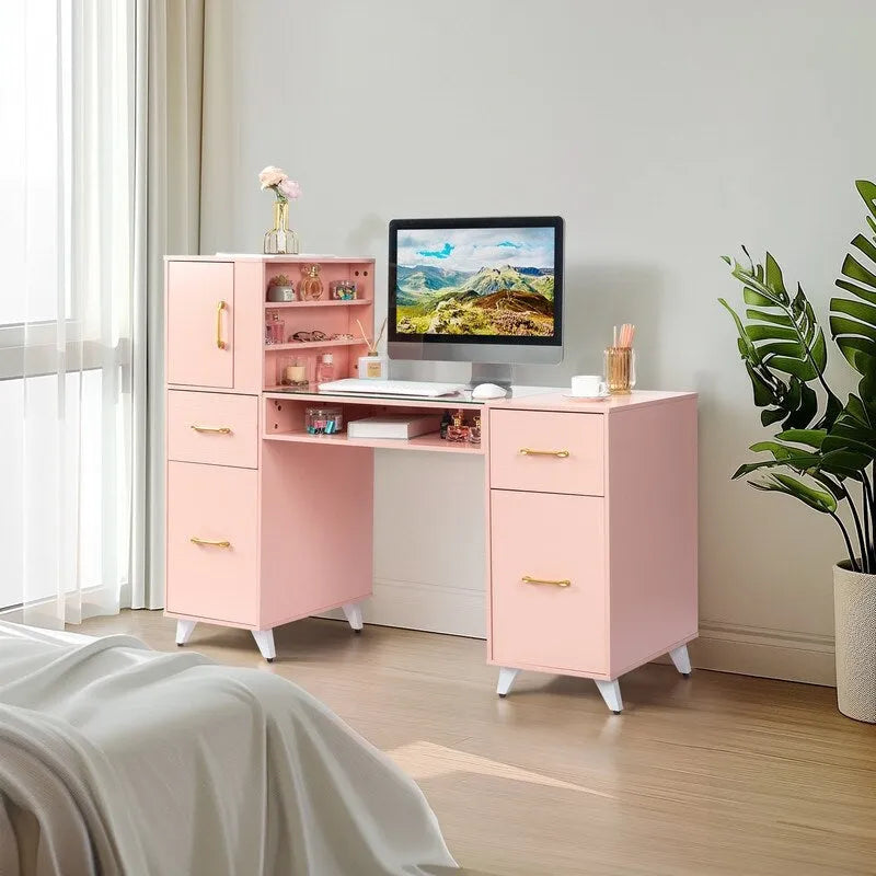 Professional Nail Tech Desk with Storage Cabinets Drawers Glass Shelf Pink