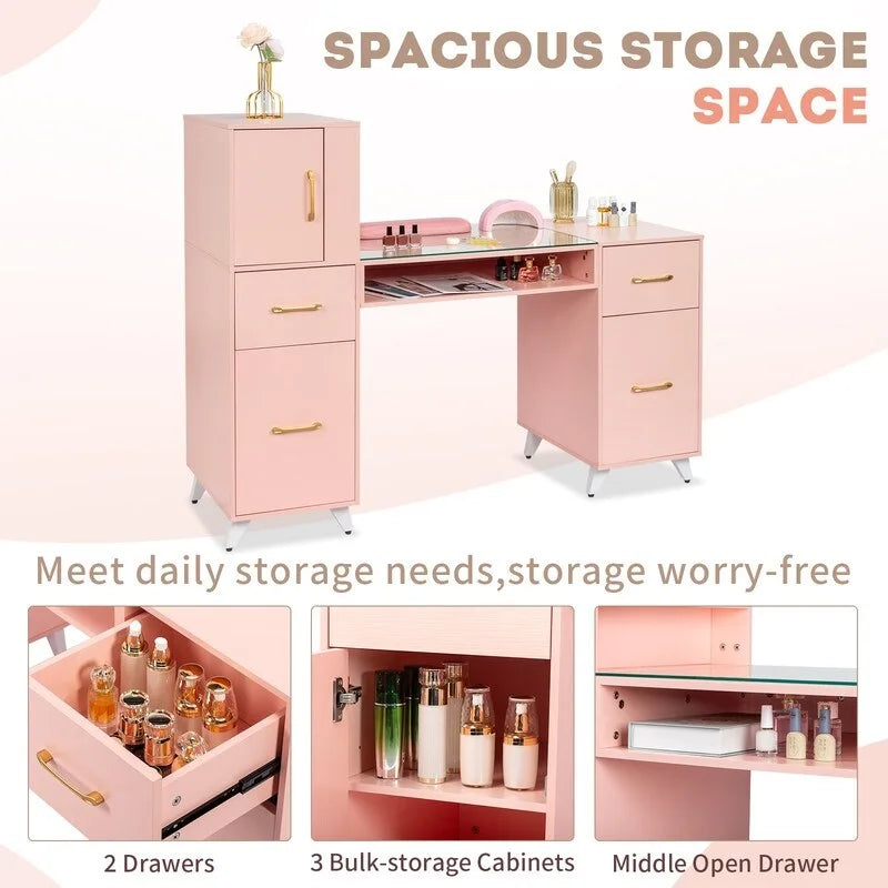 Professional Nail Tech Desk with Storage Cabinets Drawers Glass Shelf Pink