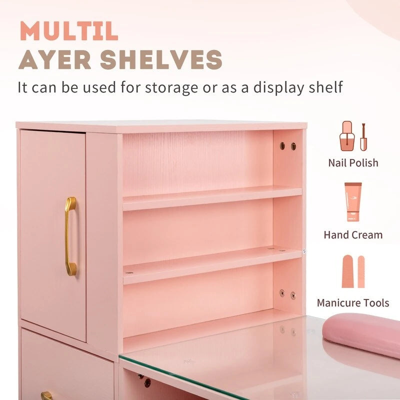 Professional Nail Tech Desk with Storage Cabinets Drawers Glass Shelf Pink