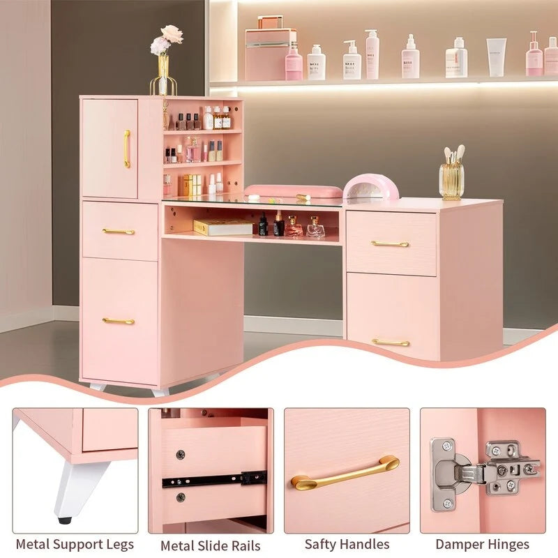 Professional Nail Tech Desk with Storage Cabinets Drawers Glass Shelf Pink