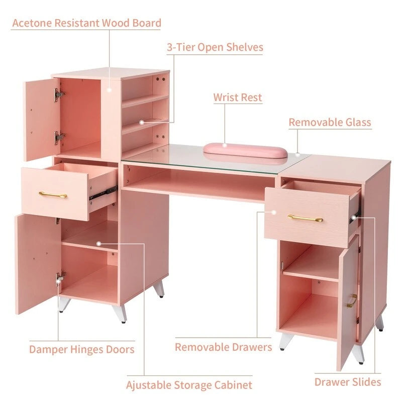 Professional Nail Tech Desk with Storage Cabinets Drawers Glass Shelf Pink
