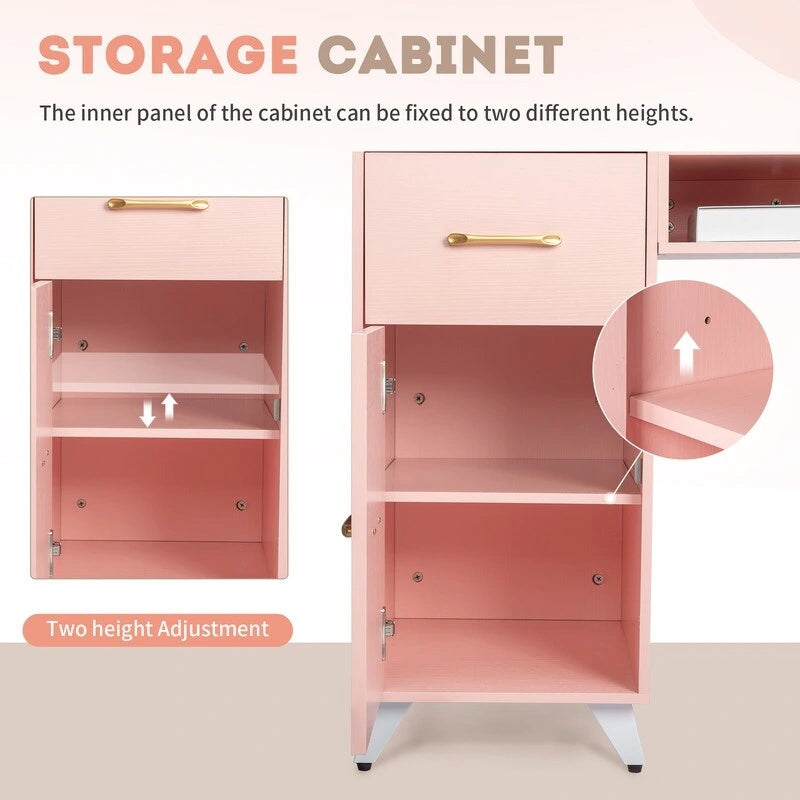 Professional Nail Tech Desk with Storage Cabinets Drawers Glass Shelf Pink