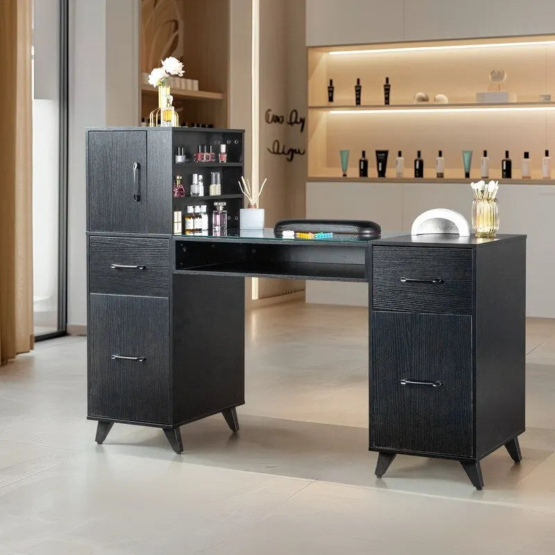Professional Nail Tech Desk with Storage Cabinets Drawers Glass Shelf Pink