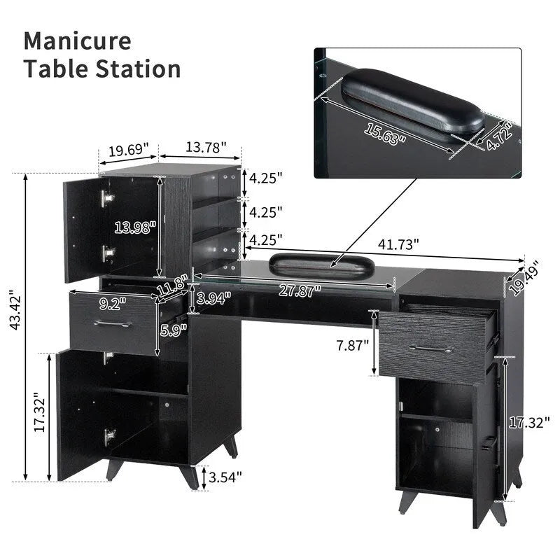 Professional Nail Tech Desk with Storage Cabinets Drawers Glass Shelf Pink