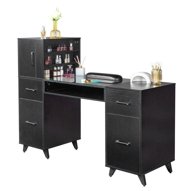 Professional Nail Tech Desk with Storage Cabinets Drawers Glass Shelf Pink