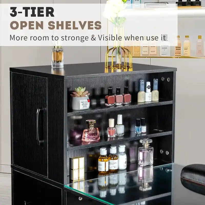 Professional Nail Tech Desk with Storage Cabinets Drawers Glass Shelf Pink