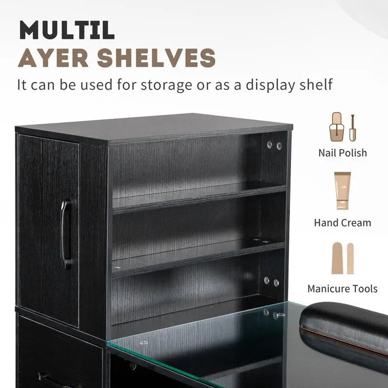 Professional Nail Tech Desk with Storage Cabinets Drawers Glass Shelf Pink