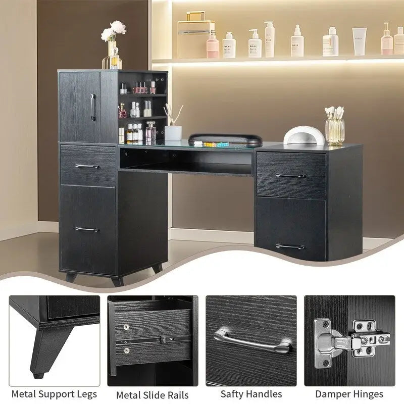 Professional Nail Tech Desk with Storage Cabinets Drawers Glass Shelf Pink