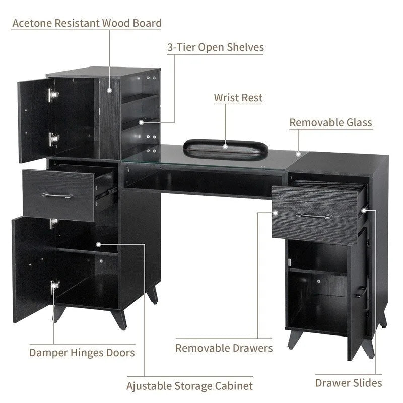 Professional Nail Tech Desk with Storage Cabinets Drawers Glass Shelf Pink