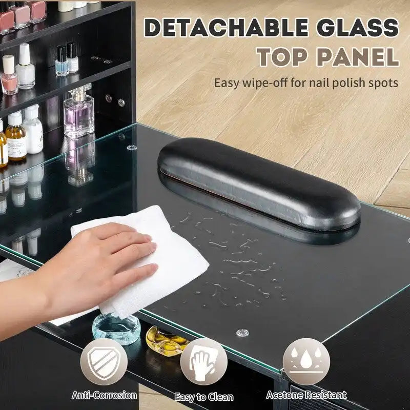 Professional Nail Tech Desk with Storage Cabinets Drawers Glass Shelf Pink
