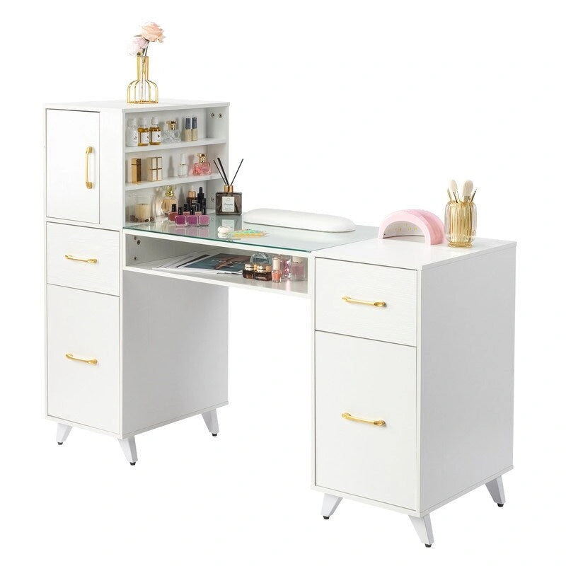 Professional Nail Tech Desk with Storage Cabinets Drawers Glass Shelf Pink