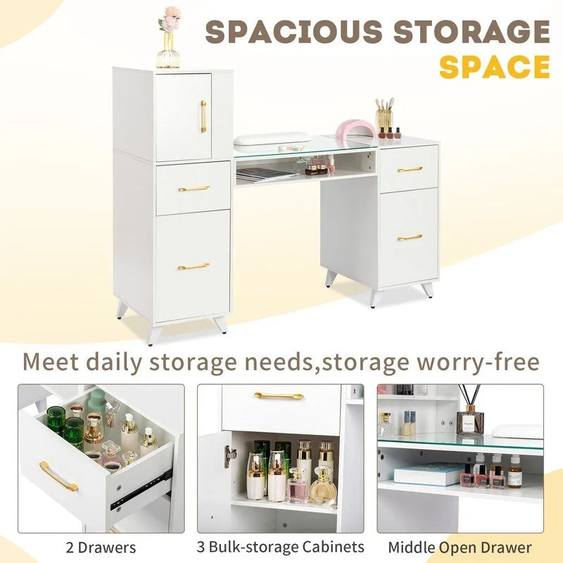 Professional Nail Tech Desk with Storage Cabinets Drawers Glass Shelf Pink