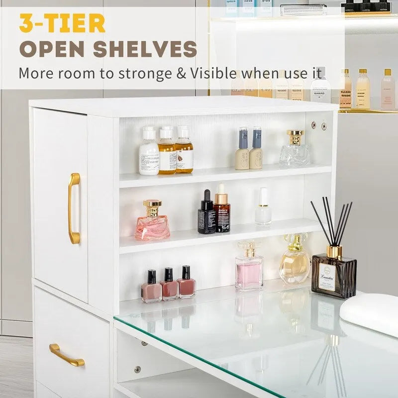 Professional Nail Tech Desk with Storage Cabinets Drawers Glass Shelf Pink