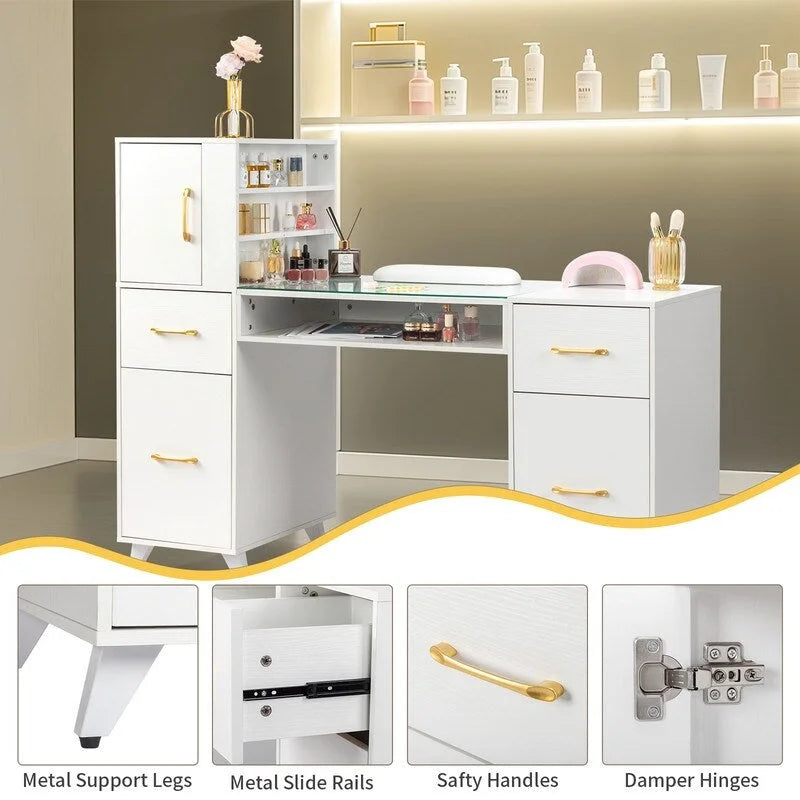 Professional Nail Tech Desk with Storage Cabinets Drawers Glass Shelf Pink