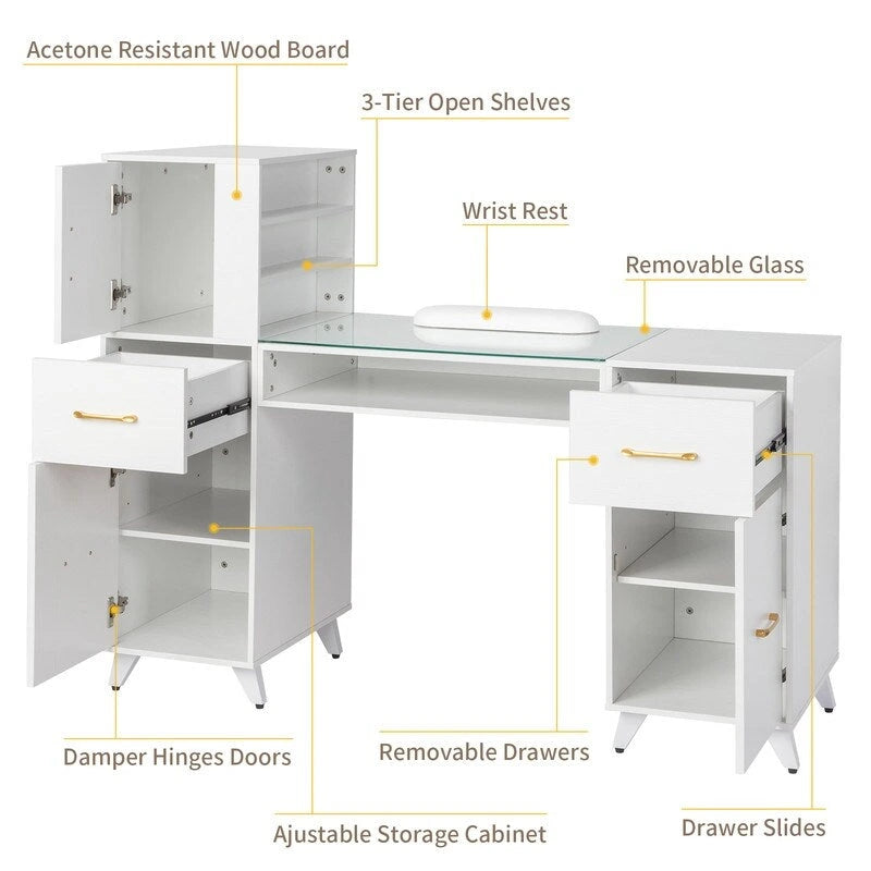 Professional Nail Tech Desk with Storage Cabinets Drawers Glass Shelf Pink