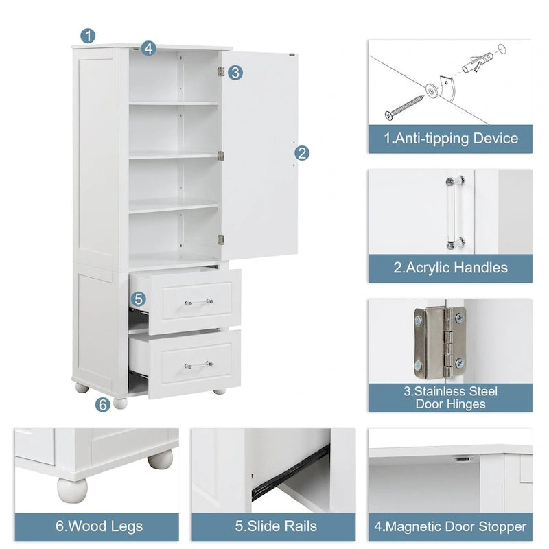 61 Tall Wood 1-door Bathroom Cabinet with Drawers and Adjustable Shelves