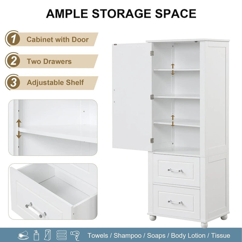 61 Tall Wood 1-door Bathroom Cabinet with Drawers and Adjustable Shelves