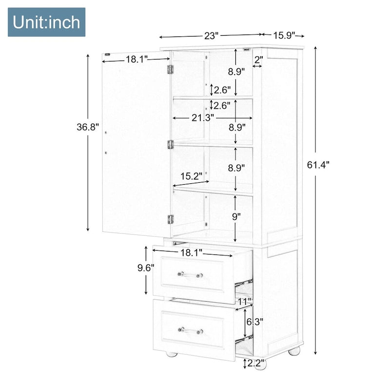 61 Tall Wood 1-door Bathroom Cabinet with Drawers and Adjustable Shelves