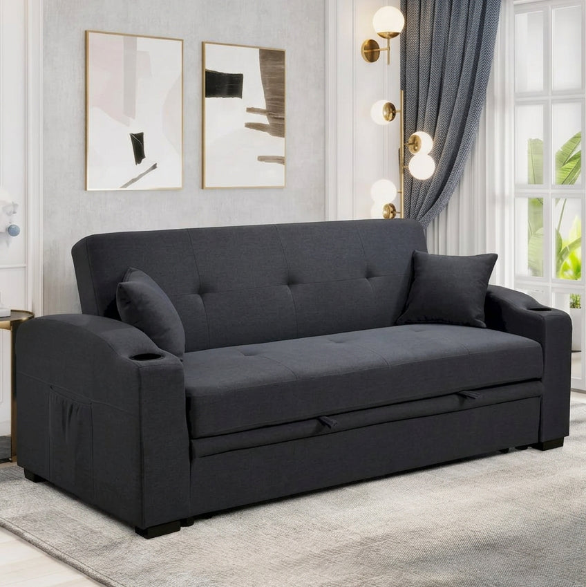 Sofá cama extraíble con respaldo ajustable, portavasos y almacenamiento oculto, gris y negro